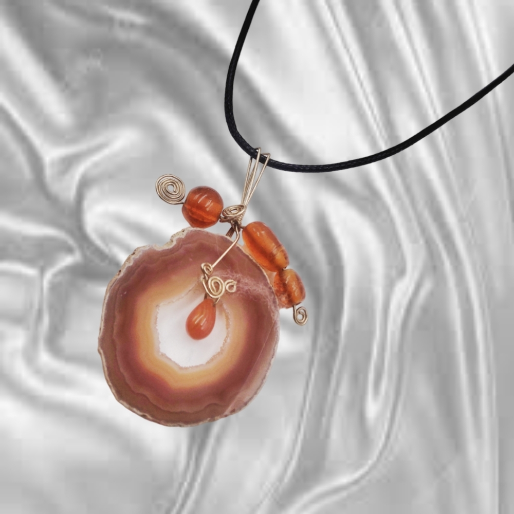 Hand Wired Geo Slice with Leather Necklace Cord